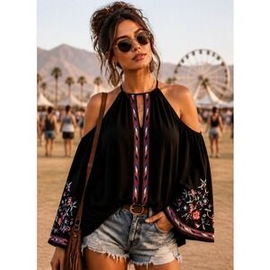 Parker Cold Shoulder Top S Floral Black Embroidered Bell Sleeve Boho Festival